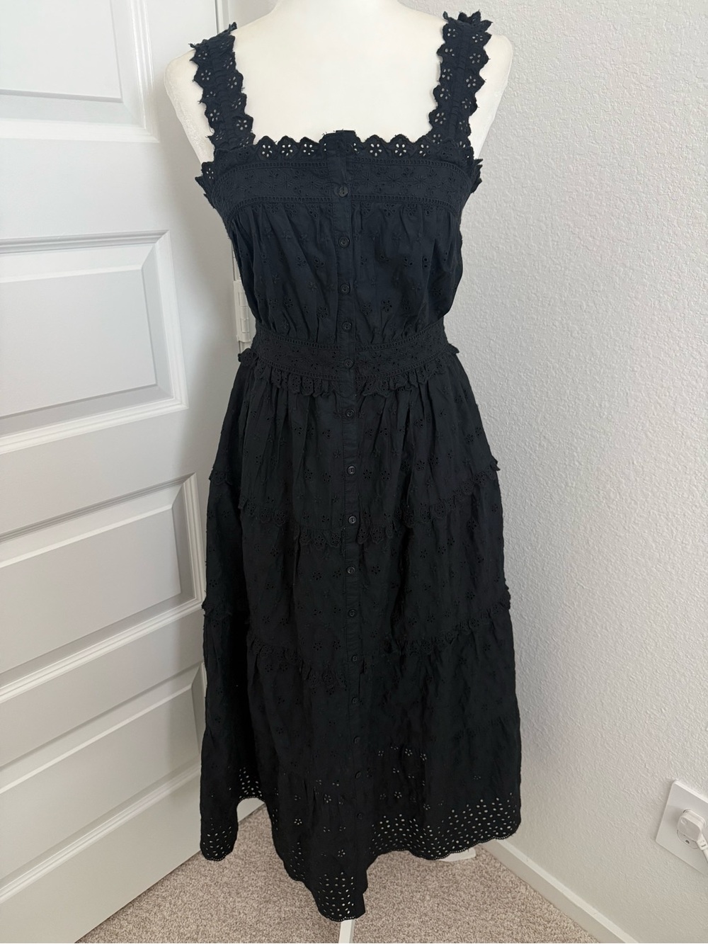 NWT GAP x Doen Black Eyelet Midi Dress with Lace-Strap Details